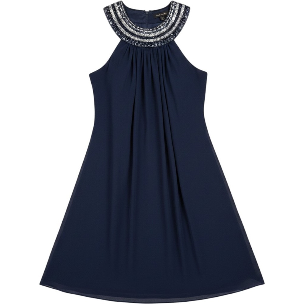 JS Boutique Dress 6 Navy Blue Beaded Halter Chiffon Cocktail Evening Glam